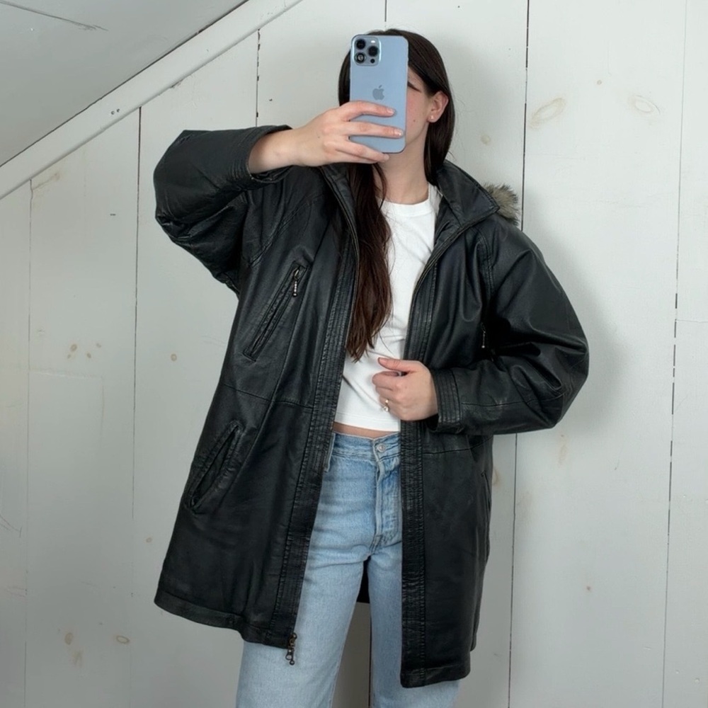 Wilsons Black Leather Parka Jacket Womens Small Full Zip Removable Hood Fur Trim